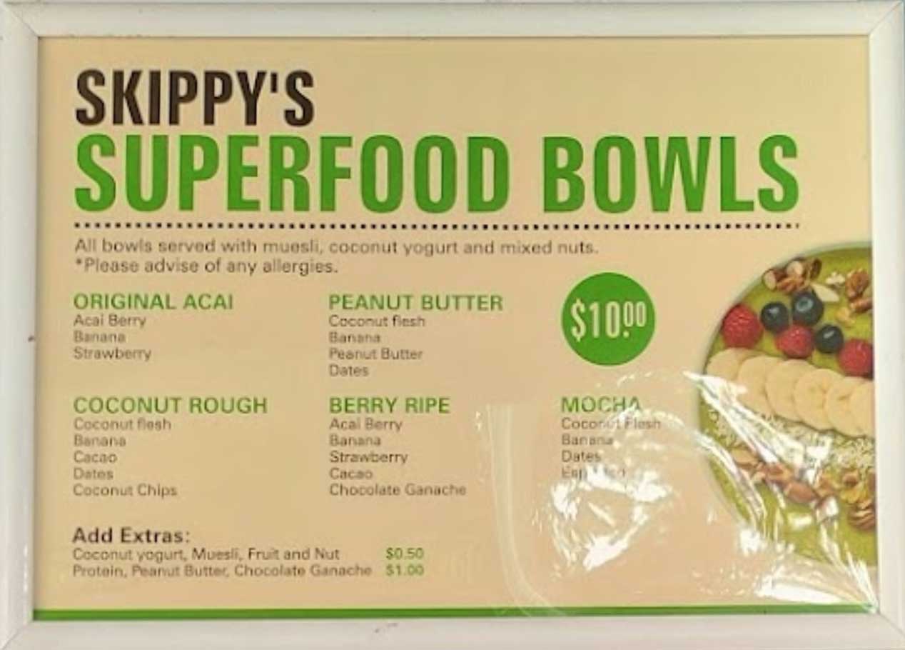 Skippy's superfood bowls menu