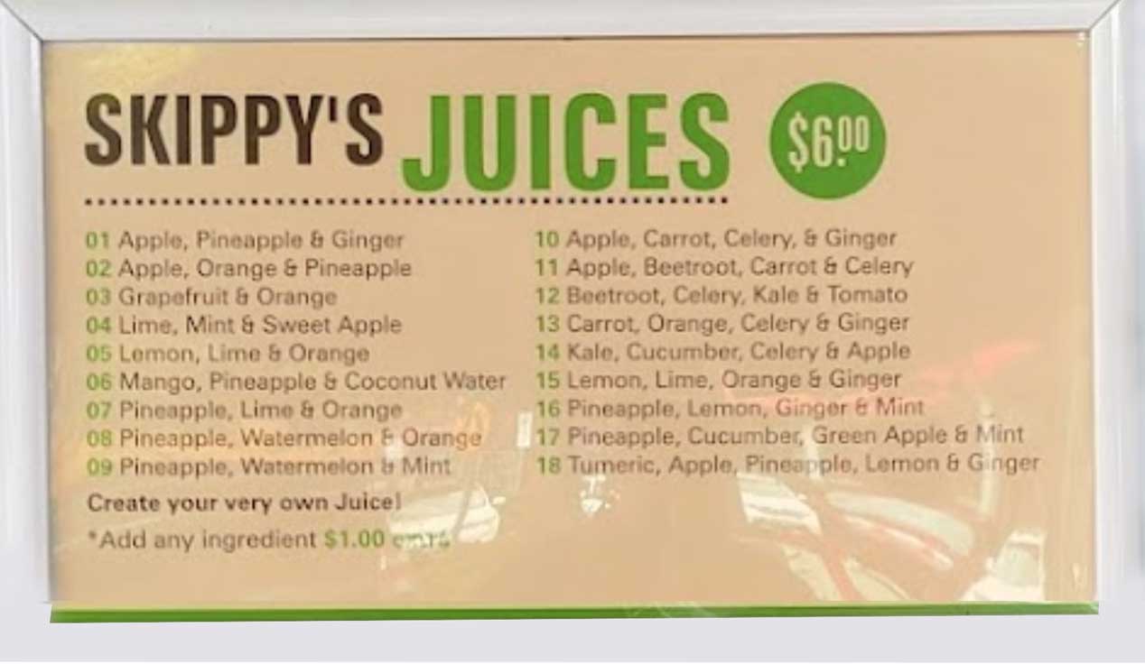 Skippy's cold pressed juices menu