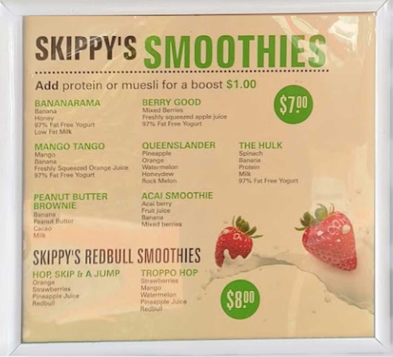Skippy's healthy smoothies menu